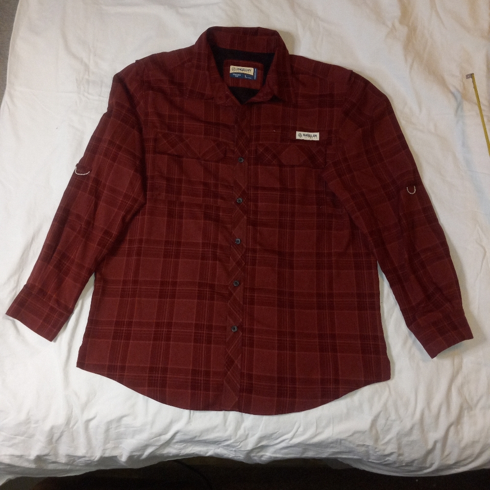 Magellan Outdoors Burgundy Plaid Shirt. Moisture-Wicking. Long Slreve